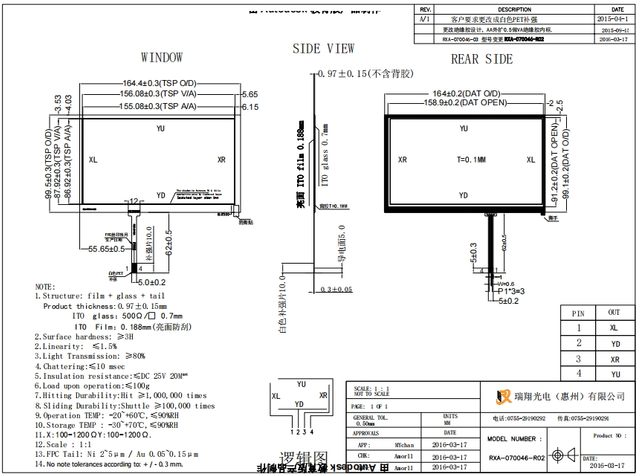 &Eacute;cran tactile LCD r&eacute;sistif, 7 pouces, 4 fils, transmission de la lumi&egrave;re, 80% RXA-070046-R02