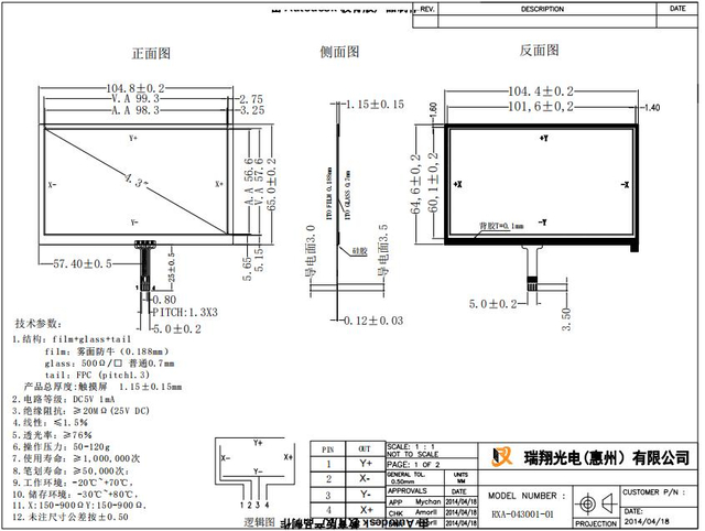 Panneau de capteur en verre d'&eacute;cran tactile r&eacute;sistif de 4.3 pouces, 4 fils, 104.8mm x 65mm 